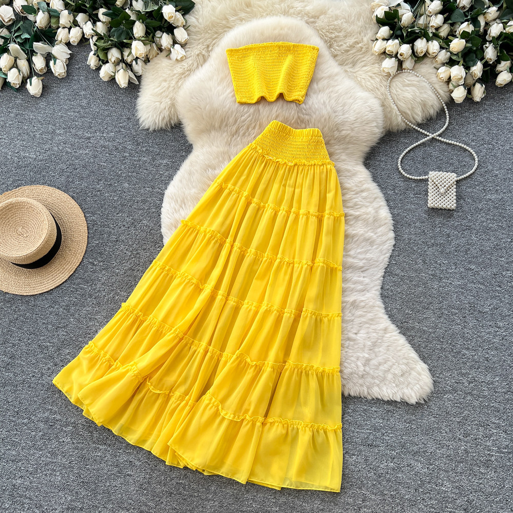 Yellow Pleated Two Piece Set Layered Cake Skirt Elegant Style Summer Fashion Wholesale Available