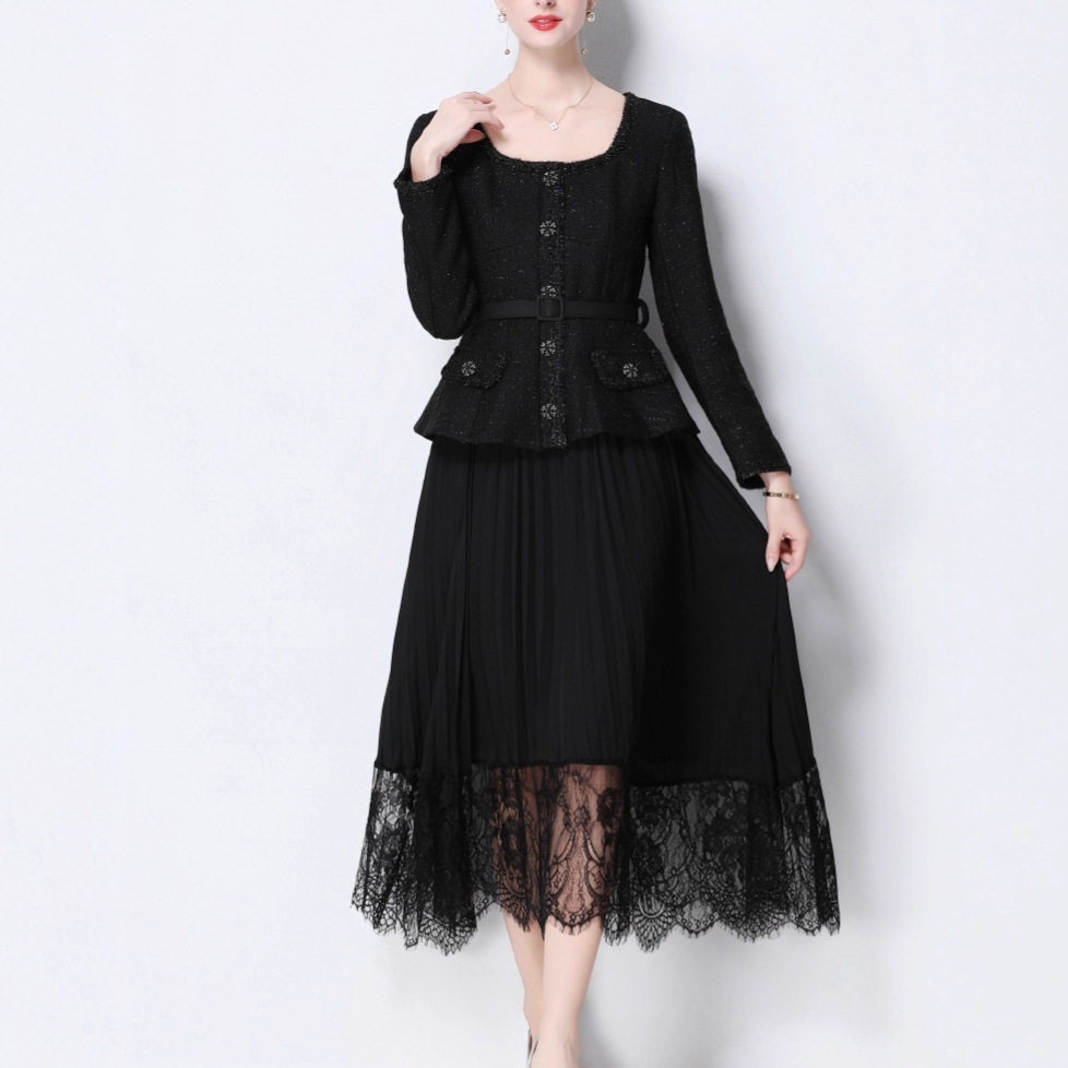 French Chic High End Long Sleeve Pleated Dress Waist Tie Color Block Design Elegant Style Perfect for Autumn and