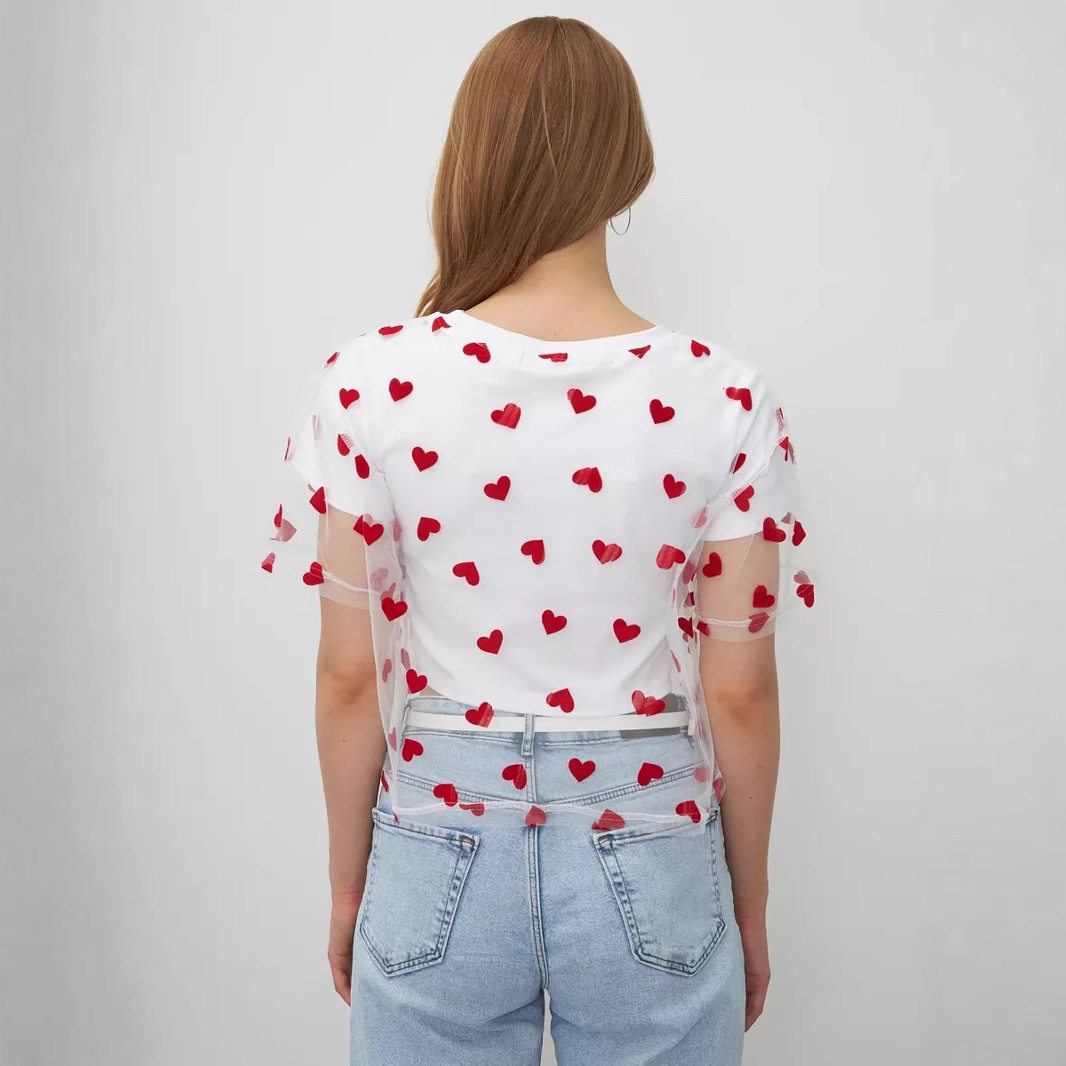 Color Block Heart Mesh Panel T Shirt for Women Short Sleeve Y2K Style Cotton Fabric Summer Casual Wear Wholesale