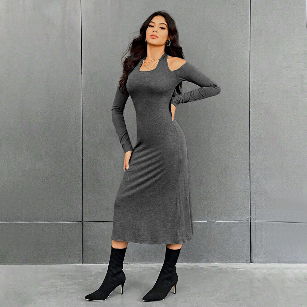 Fashionable Womens High Waist Solid Color Midi Dress Simple Design Halter Neck Slim Fit Autumn Winter Wear