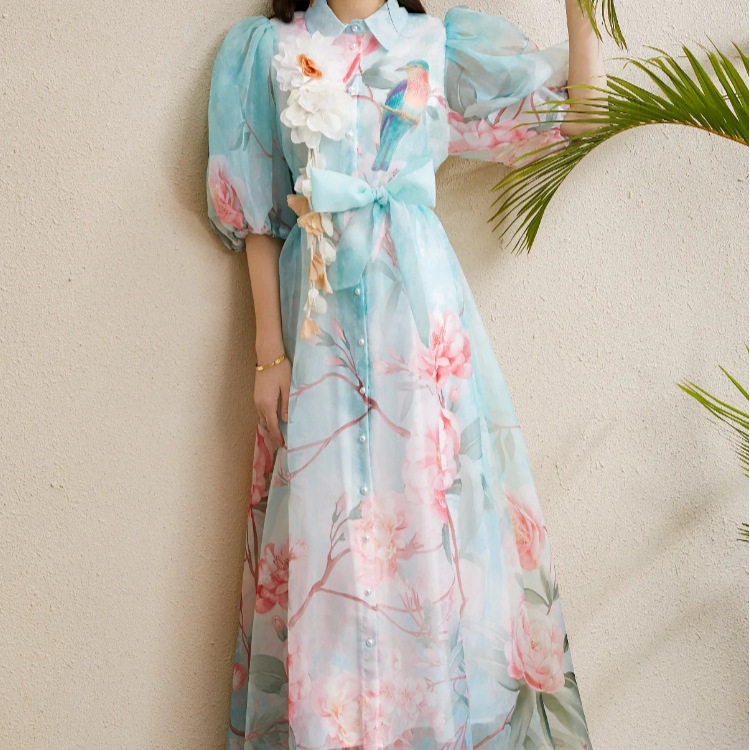 French Style Summer Dress Elegant 3D Floral Design Waist Tie Lantern Sleeves Printed Tulle Perfect for Parties and