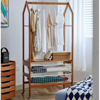 Solid Wood Pull Basket Coat Rack Cherry Wood Floor Spring and Summer Bedroom Clothes Rack Bedside Clothes Storage Household Clothes Hanger