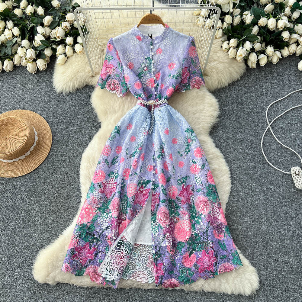 Vintage Lace Print Dress French Design Hollow Out High Waist A Line Silhouette Elegant for Parties or Special