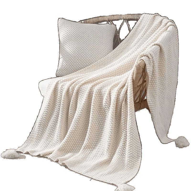 Nordic Sofa Blanket Office Nap Blanket Tassel Knitted Wool Casual Air Conditioning Blanket Off-White