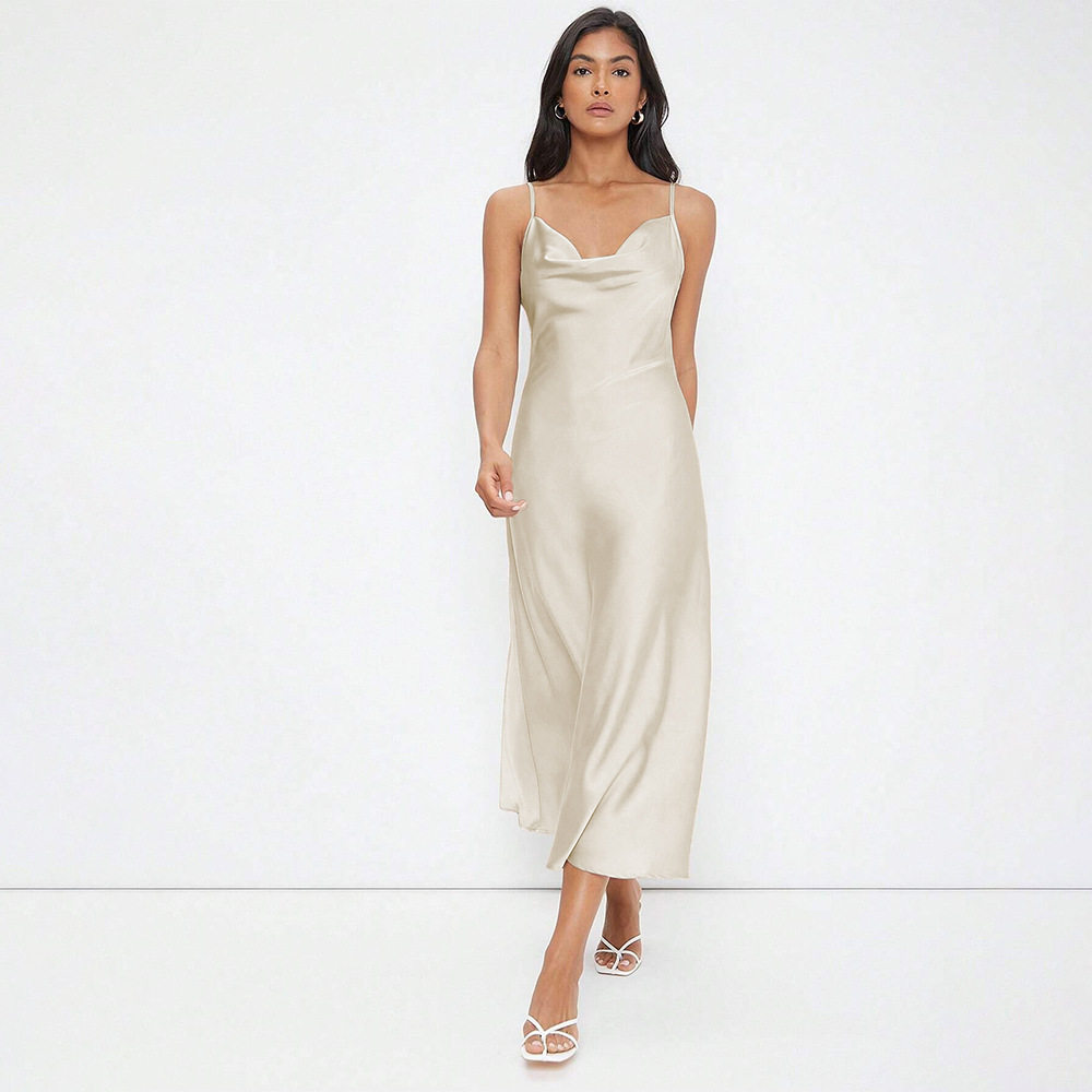 Satin Maxi Dress Glossy Finish Spaghetti Straps Elegant Design Perfect for Parties and Gatherings Wholesale