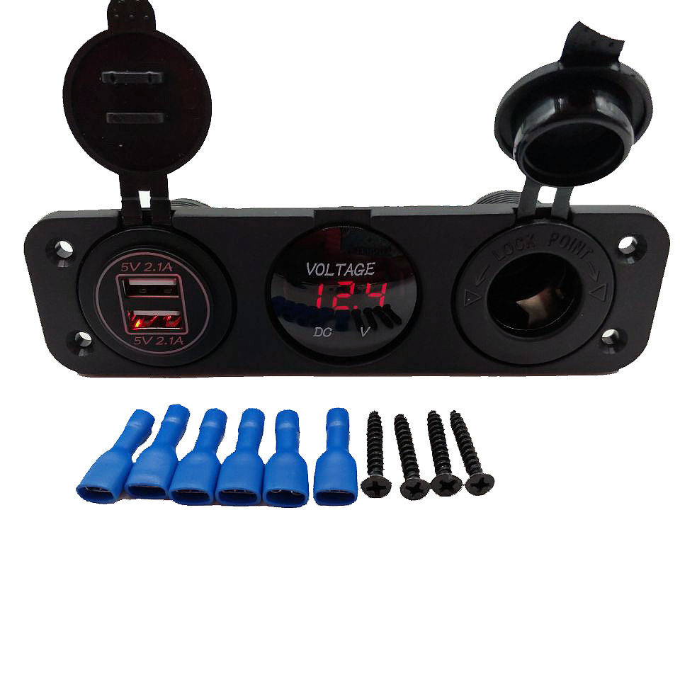 Universal 12-24V Three-In-One Rubber Plate Combination Car Charger with Dual USB and Cigarette Lighter Voltage Meter for Motorcycles and Cars