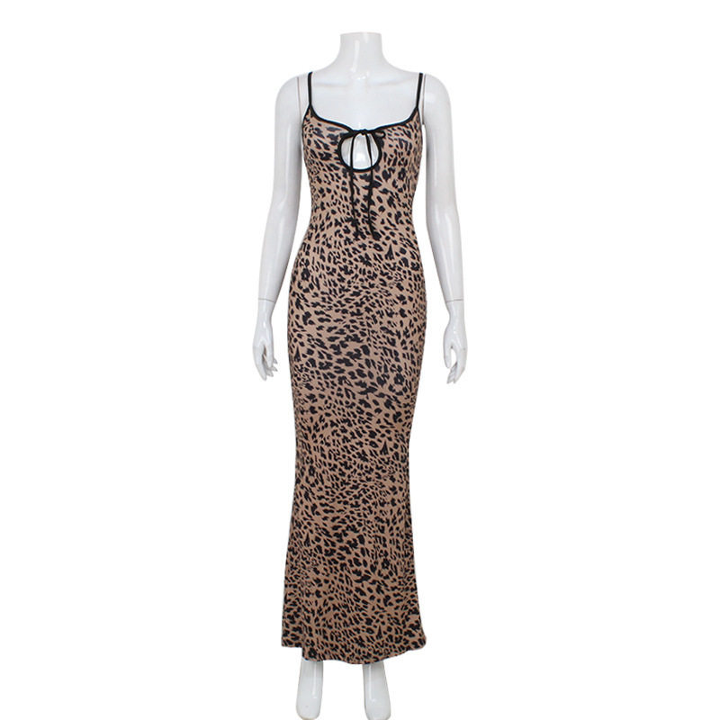 Fashionable Leopard Print Dress for Women Low Cut Neckline Lace Trim Backless Design Perfect for Parties and Night