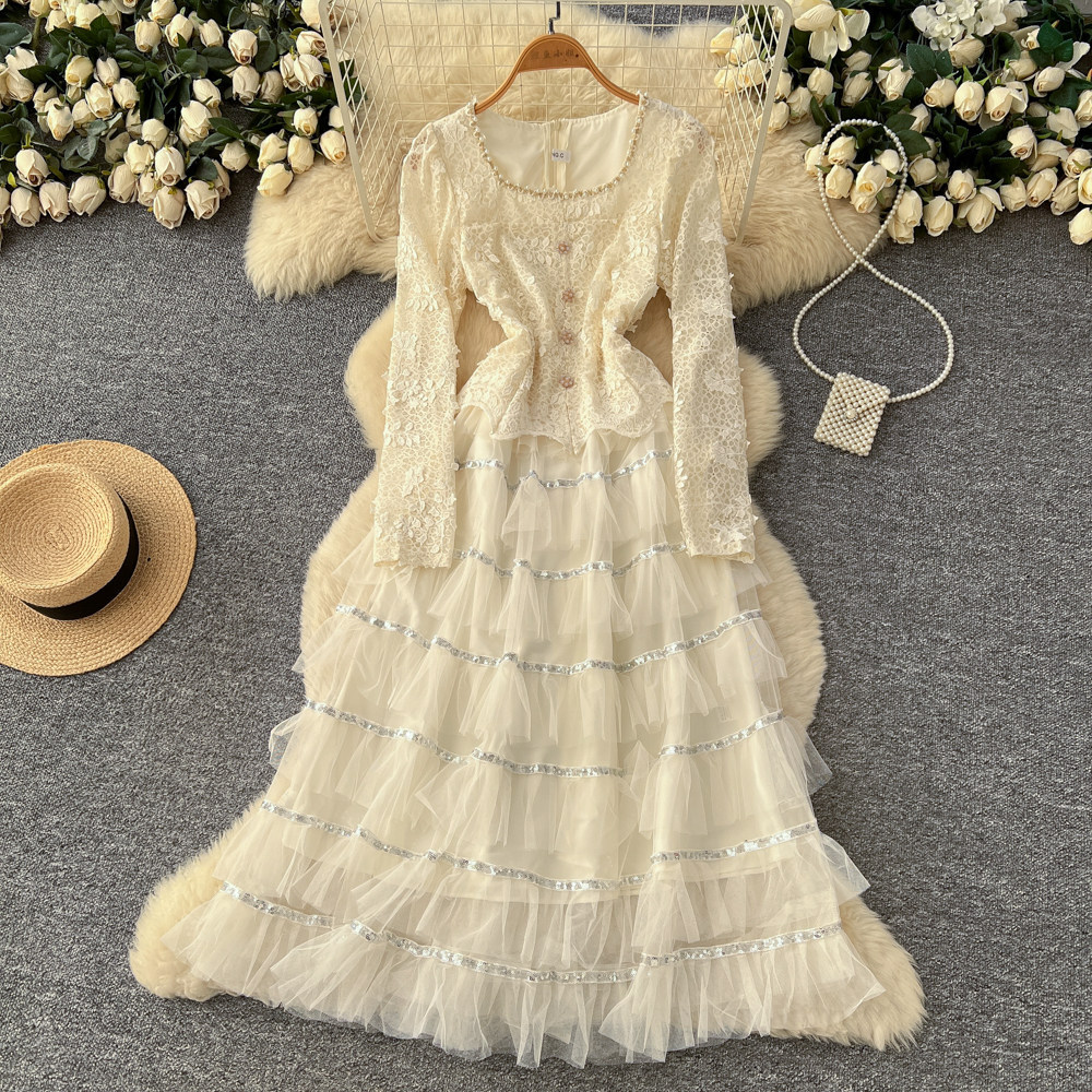 Korean Style Square Neck Long Sleeve Dress Beaded Lace Panel High Waist Embroidered A Line Elegant Office Wear