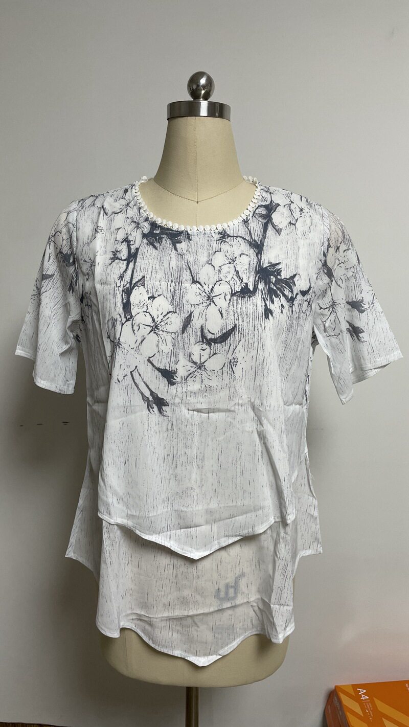 Floral Print Layered Short Sleeve Top Irregular Hem Round Neck Summer Style Wholesale Availability