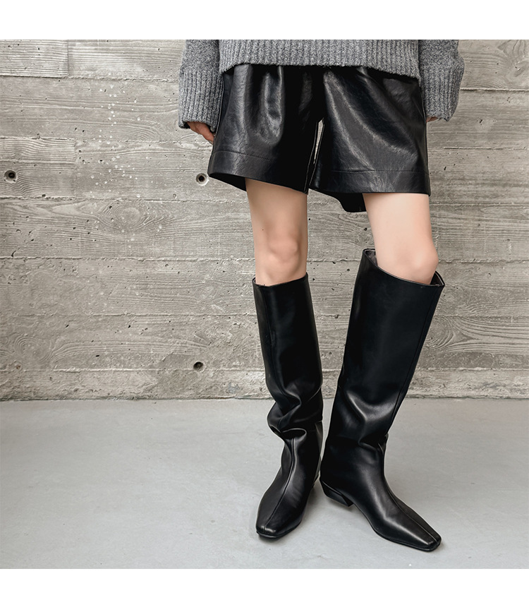 Boot cao cổ nữ da bò mũi vuông gót thấp phong cách thanh lịch — màu đen, Màu đỏ rượu