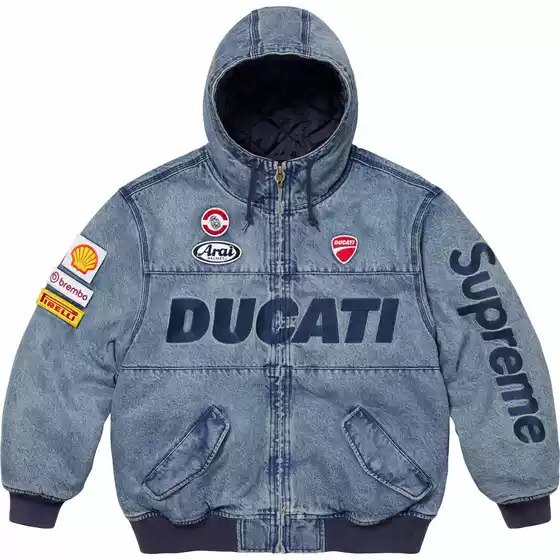 Supreme Ducati Hooded Ducati Co-Branded Motorcycle Cycling Clothing Windproof Warm Denim Jacket