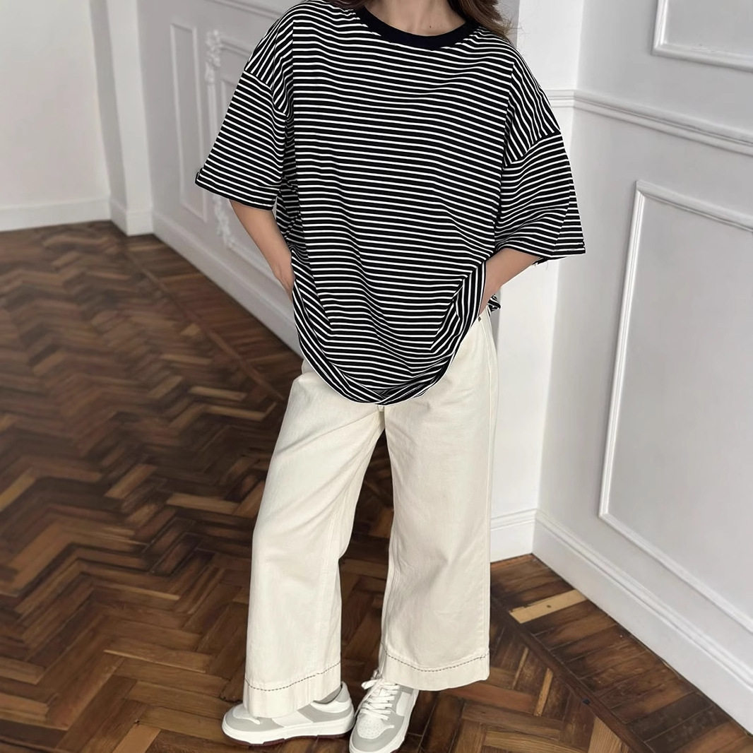 Womens Black and White Striped Short Sleeve T Shirt Color Block Loose Fit Round Neck Casual Top Spring Summer
