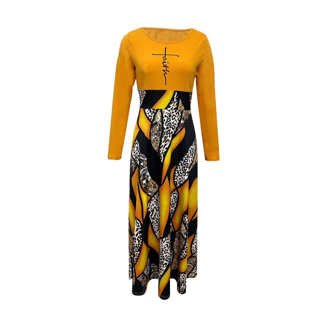 Women's Printed Casual Crew Neck Long-Sleeve Dresses