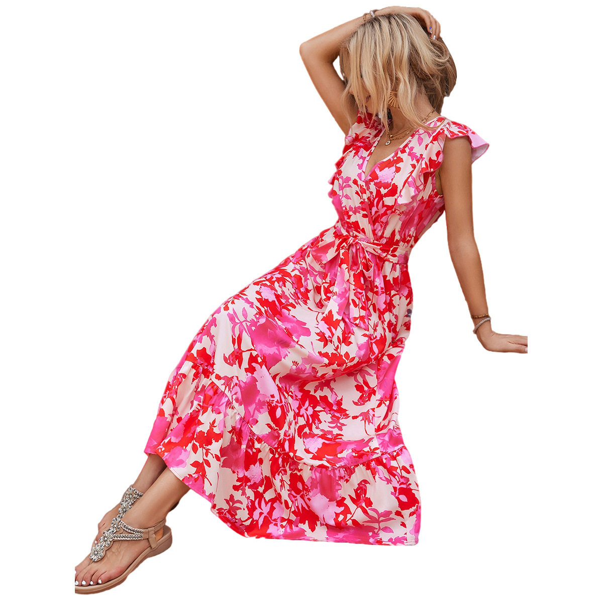Casual Floral Midi Dress Elegant Design Comfortable Fit Trendy Style Perfect for Spring and Summer Wholesale