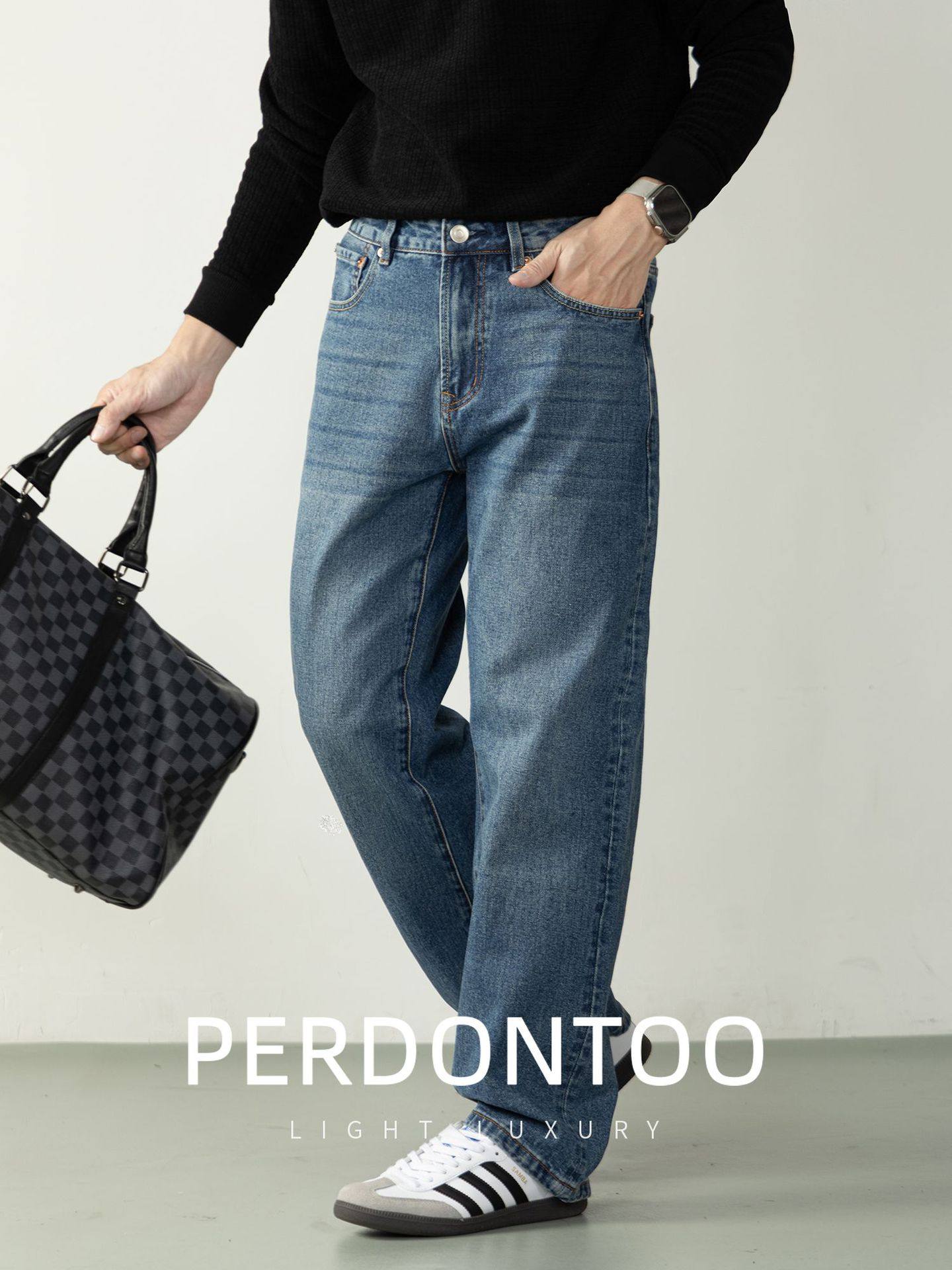 Quần Jean Nam Dáng Rộng Vừa Phải Phong Cách Retro Đường Phố Chất Vải Denim Xanh Dương