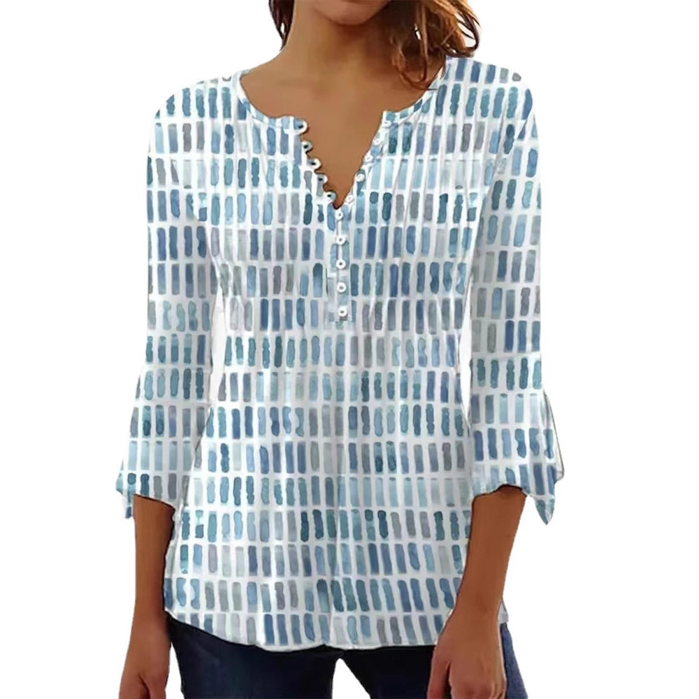 V Neck Printed T Shirt Casual Style Elegant Design Summer Wear Womens Pullover Blouse Available for Wholesale