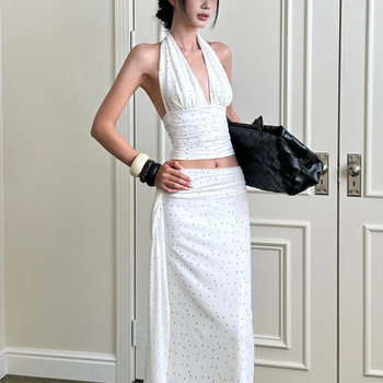 French Retro Polka Dot Suit V Neck Slim Halterneck Vest High Waist Hip Skirt Two-Piece Set