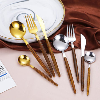 Amazon imitation wooden handle stainless steel steak knife and fork vintage Portuguese Western food tableware set dessert spoon Fork