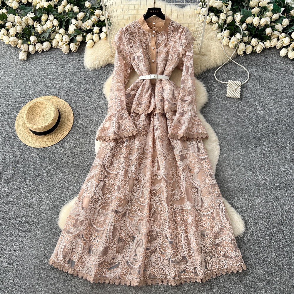 Elegant Long Evening Dress High End Embroidery Hollow Out Flared Sleeves Spring Summer Party Wear Wholesale