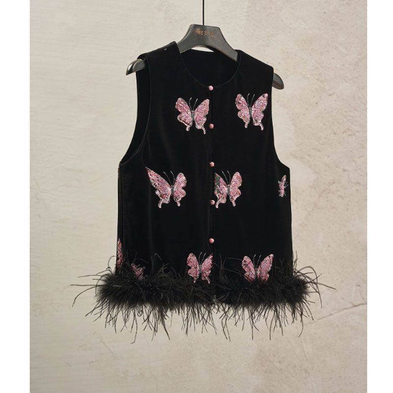 New Chinese Style Black and Pink Butterfly Heavy-Duty Fur Vest 2025 New Early Autumn Classy Chinese Style Women's Suit