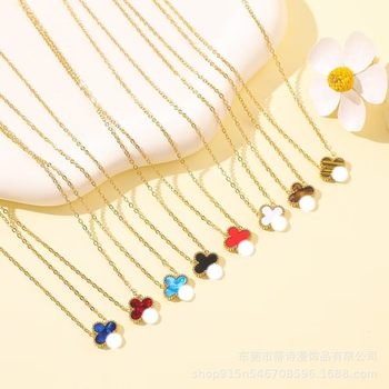 Lucky Necklace Girls' Double-sided 13MM Four-leaf Clover Necklace Titanium Steel 18K Gold Simple Pendant Light Luxury Cyber Celebrity Collarbone
