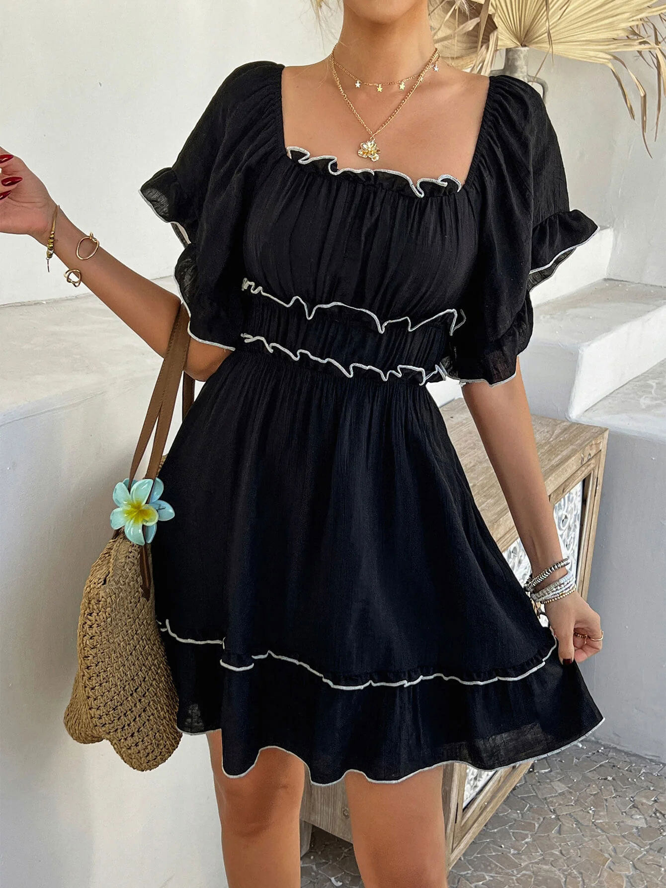 Black French Square Neck Ruffled Short Sleeve Dress Color Block Waist Cinching A Line Silhouette Summer Vacation Wear