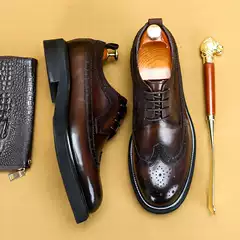 Round-Toe Brogue Men's Genuine Leather Business Casual Shoes, Large-Fit Oxfords, Top-Layer Cowhide, Thick Raised Heel, Pure Leather