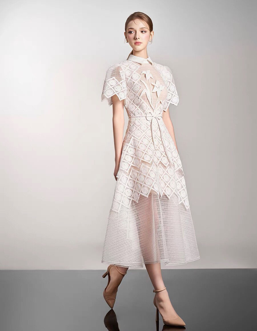 Đầm maxi nữ thêu ren cổ polo tay ngắn cạp cao midi — Màu như ảnh chi tiết 5