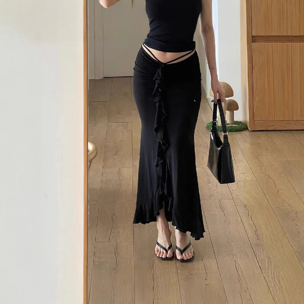French Style Ruffled Hem Midi Skirt Low Waist Pleated Design Elegant Fit Perfect for Autumn Fashion Wholesale