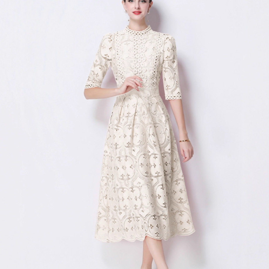 Elegant Womens Long Dress High Quality Water Soluble Lace Hollow Embroidery Waist Defining Slim Fit Perfect for