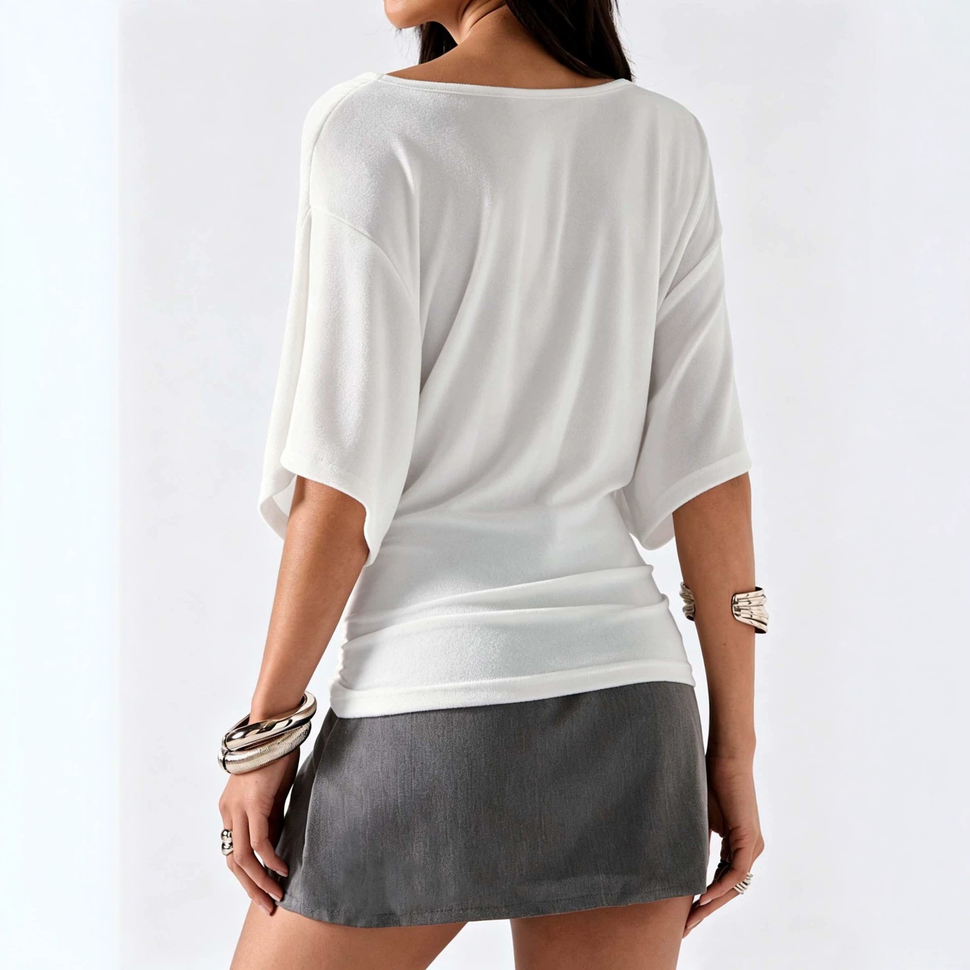 French Style Batwing Sleeve Top V Neck Ruched Waist Slim Fit Elegant Casual Wear for Office Wholesale Available