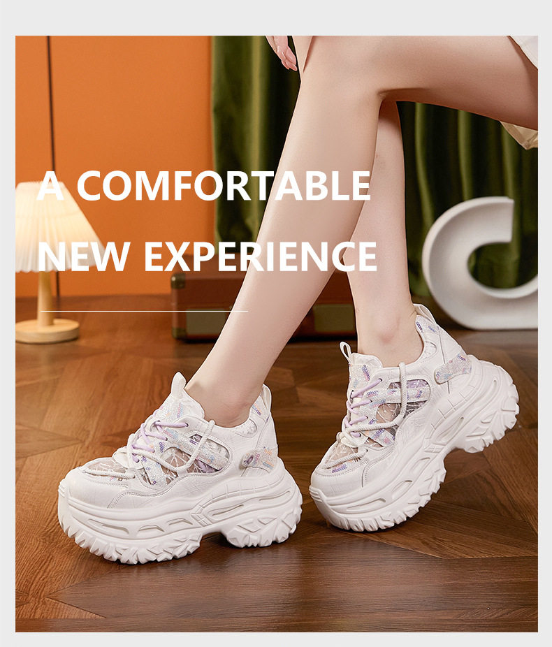Giày sneaker nữ chunky đế dày phong cách thể thao, mũi tròn, dây buộc, đế cao siêu cao 8cm — Trắng Tím, Xám Xanh chi tiết 10