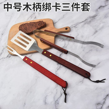 Factory Wholesale Barbecue Tools Three-Piece Set Stainless Steel Wooden Handle Shovel Fork Clip Binding Card Set Outdoor Household Grilling Tools