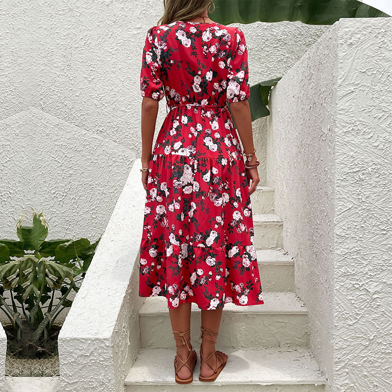 Vintage Floral Print V Neck Split Maxi Dress Summer Fashion for Women Elegant and Romantic Style Wholesale Available