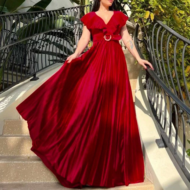 Plus Size Womens V Neck Solid Color Ruffled Hem Long Dress Elegant Pleated Design Perfect for Formal Occasions