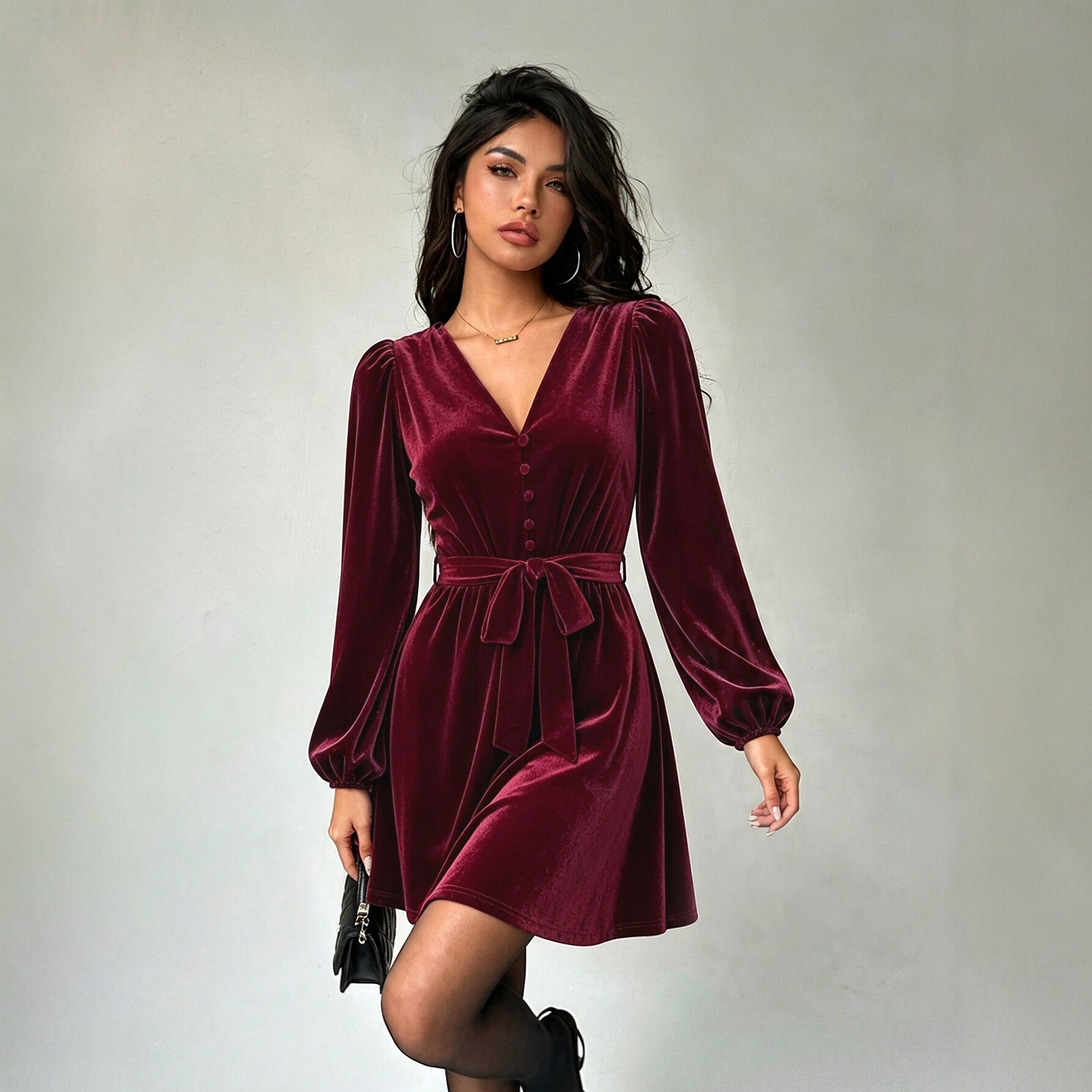 V Neck Velvet Dress for Women Tie Waist Slim Fit Puff Sleeves A Line Short Skirt Perfect for Parties and Events