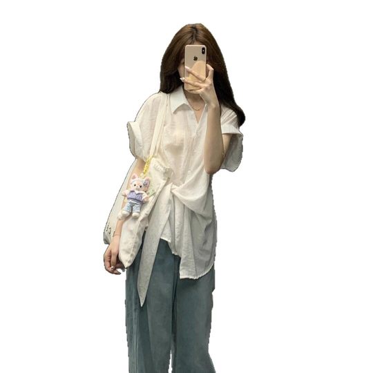 2025 New Summer Korean Design Elegant Short-Sleeved Shirt Top High-Waisted Denim Wide-Leg Pants Two-Piece Set for Women