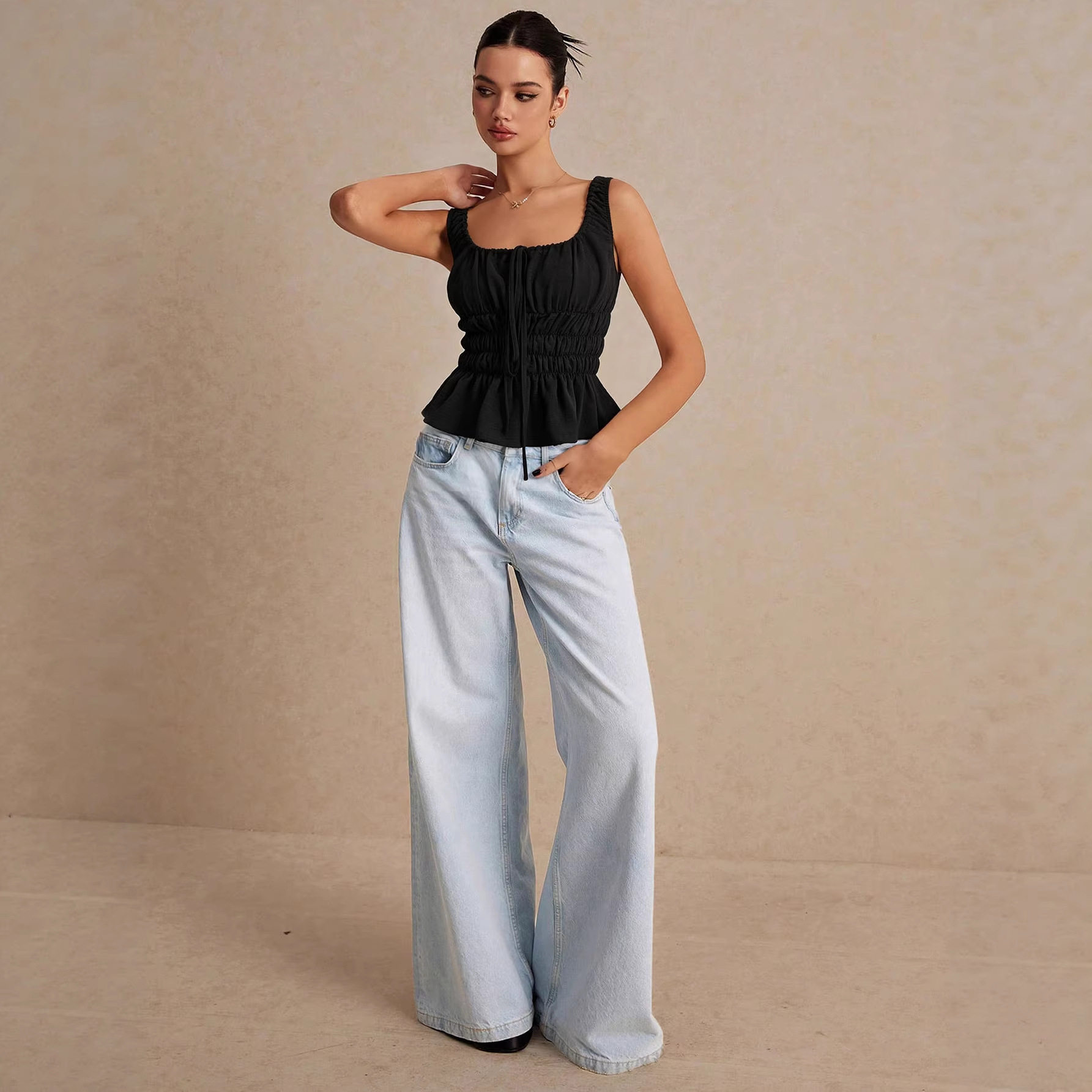 Sweet Ruffled Hem Drawstring Cami Top Square Neck Slim Fit Backless Flowy Design Casual Summer Wear Wholesale
