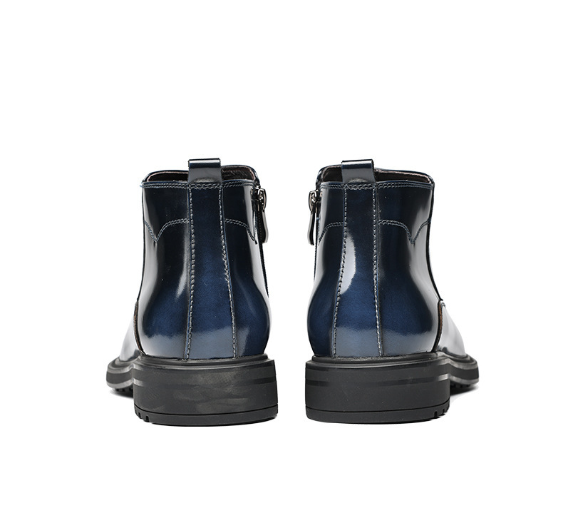 Boot nam cổ ngắn mũi tròn da bò bóng, họa tiết chạm khắc, khóa kéo bên, giữ ấm mùa đông — xanh sapphire, Màu đen, Màu đen lót nhung, Màu vàng nâu