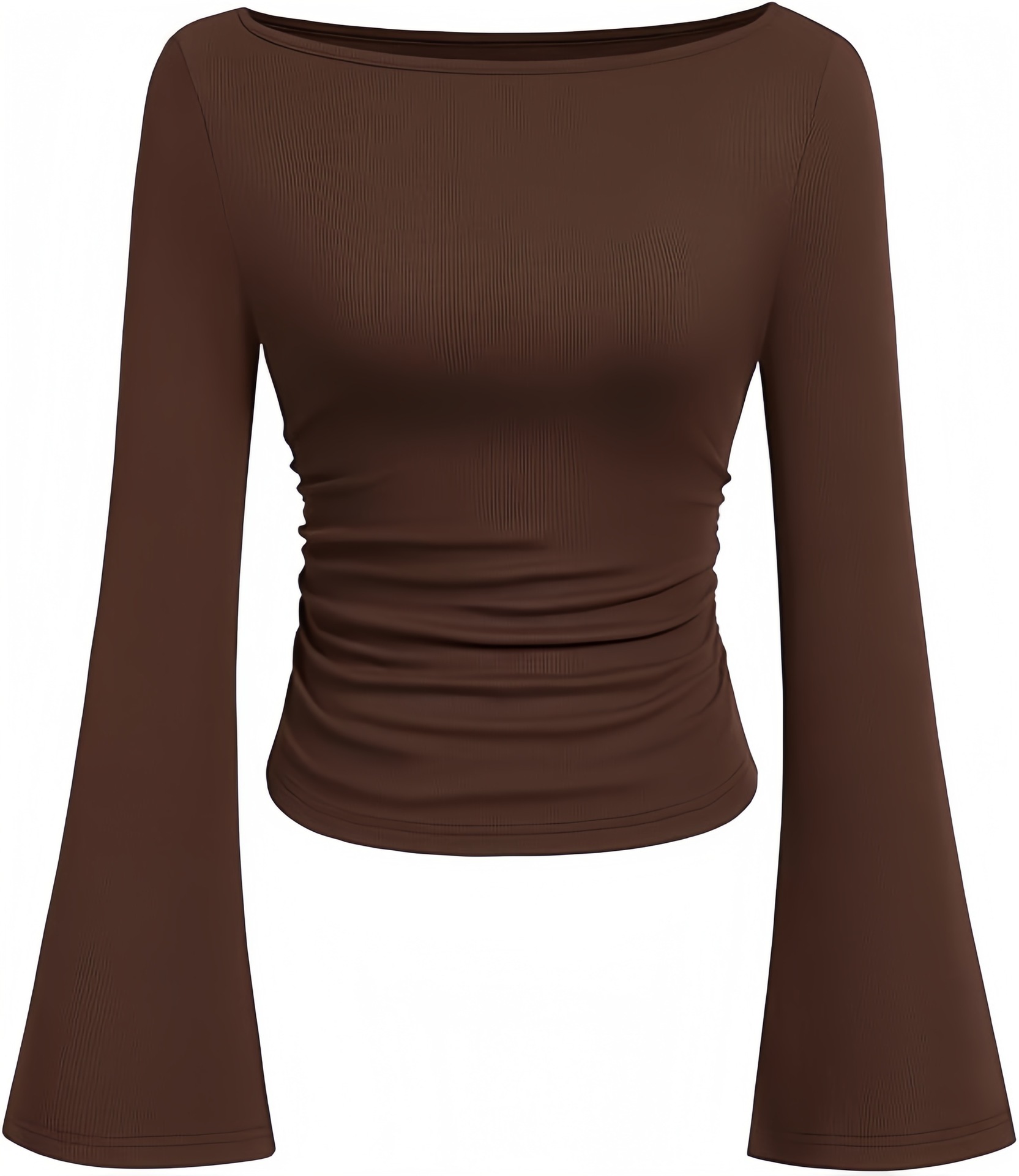 2025亚马逊跨境秋冬新款一字领百搭长袖t恤女装修身喇叭袖打底衫