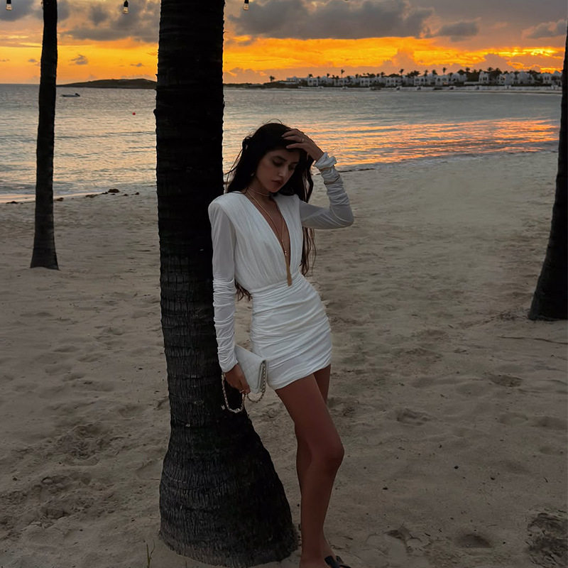 V Neck Long Sleeve Ruched Bodycon Dress Sexy Fit Elegant Style Perfect for Parties Wholesale Available