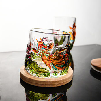 National Tide Painted Glass Whiskey Glass with Base Creative Glass Glass Spirits Glass Koi Lotus Cup