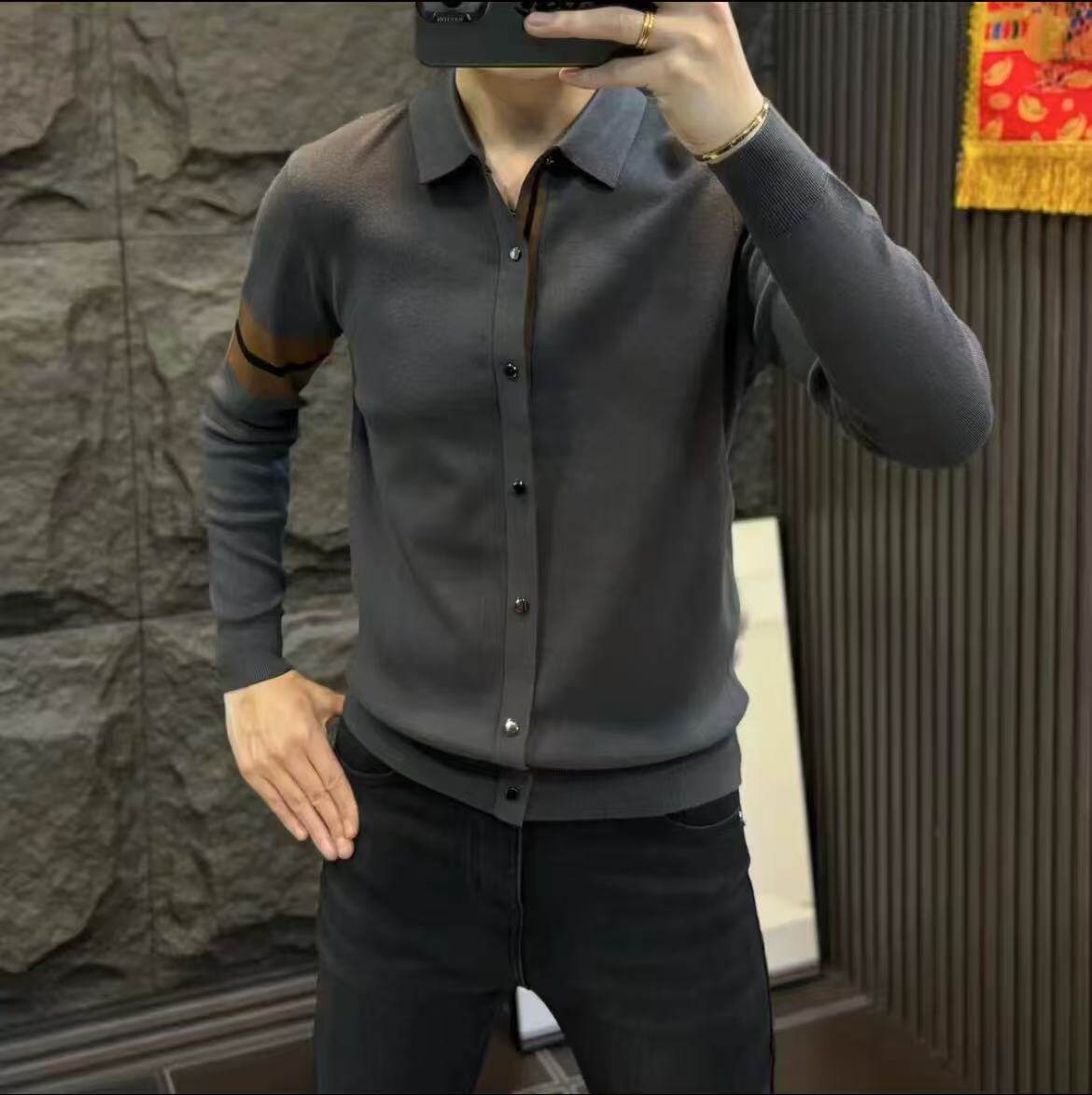 men's long Sleeve sweater fake coat slim lapel woolen shirt...