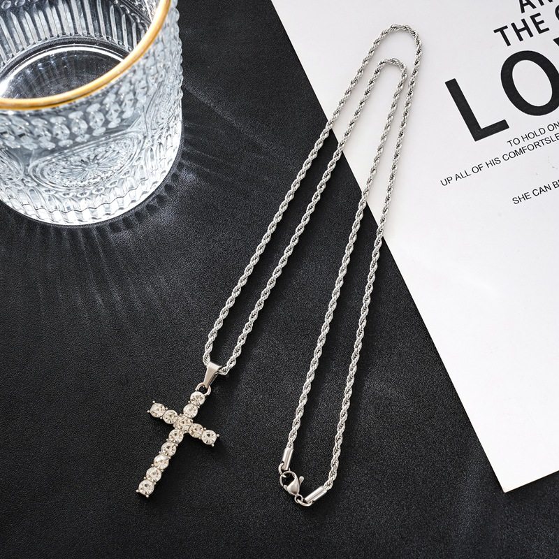 New Titanium Steel Cross Diamond Pendant Necklace Men's Trendy Brand Zircon Modern Ins Hip-Hop Cold Style Accessories