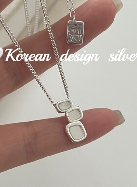 韩版ins风S925纯银几何不规则方形白贝母项链简约小众设计锁骨链