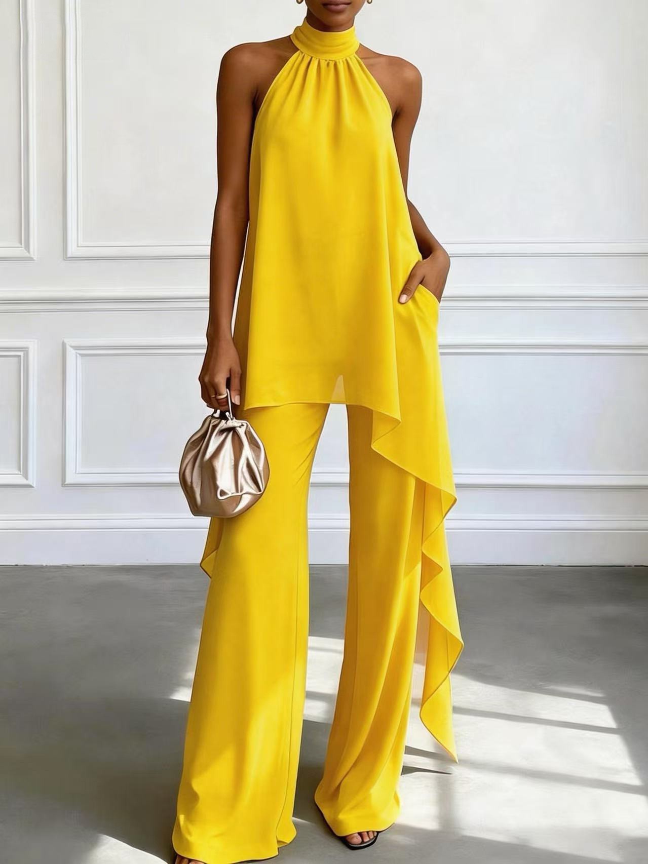 Chiffon Two Piece Set Sleeveless Halter Neck Solid Color Spring Summer Fashion for Women Wholesale Available