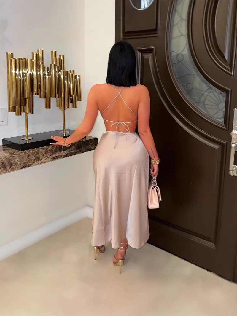 New Amazon Cross-border European and American Sexy Slim Lace-up Sling Collar Strap Skirt Two-piece High Split Women's Clothing