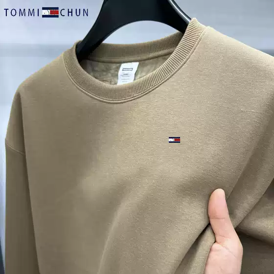 [warm and comfortable] Tommy men's round neck casual pullover solid color sweater fleece-lined thick winter long sleeve T-shirt