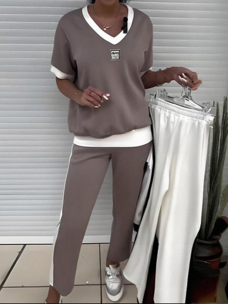 Amazon Casual Solid Color V-Neck Two-Piece Women's Sports Suit Wholesale