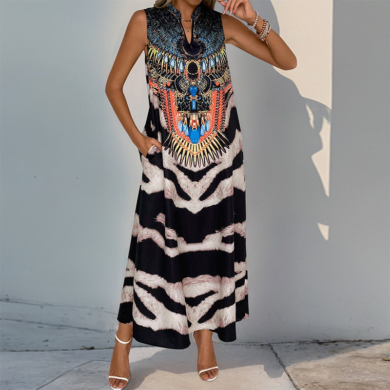 Vintage Style Sleeveless Zebra Print Dress Stand Collar Bohemian Design Elegant Look Perfect for Summer Events